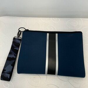 Haute Shore Navy Wristlet Clutch With Black & Silver Stripe Camouflage Strap Neo